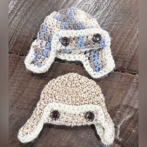Handmade Crochet Kids Aviator Hat Set - Cream and Blue